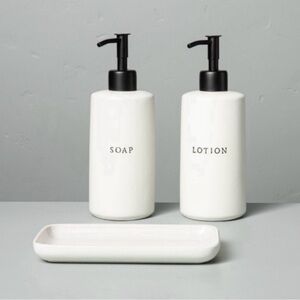 Hearth & Hand Magnolia White Soap and Lotion Dispenser Set w/ Ceramic Tray NEW